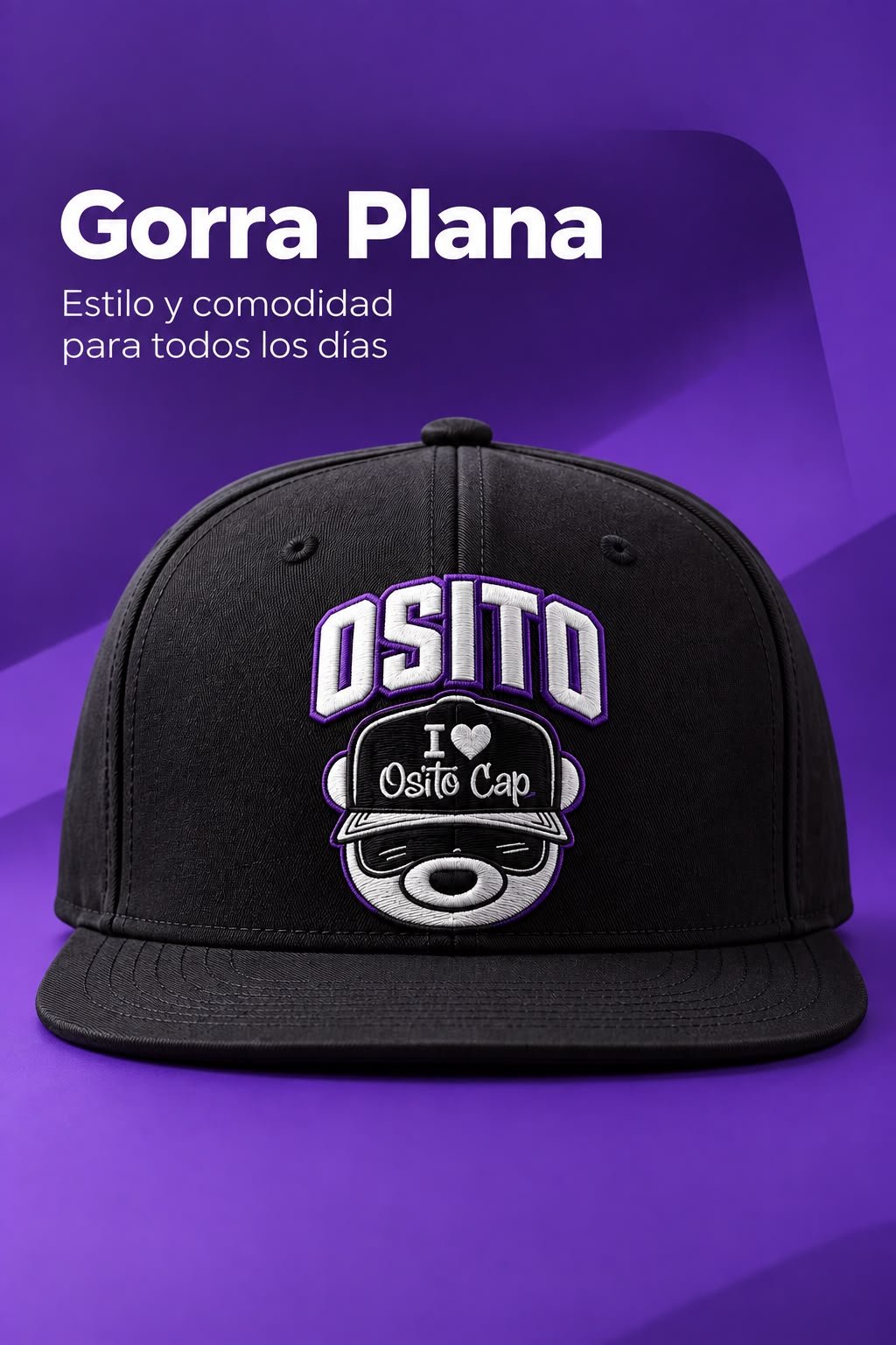 Gorra plana negra con el parche Osito Cap, vista de frente